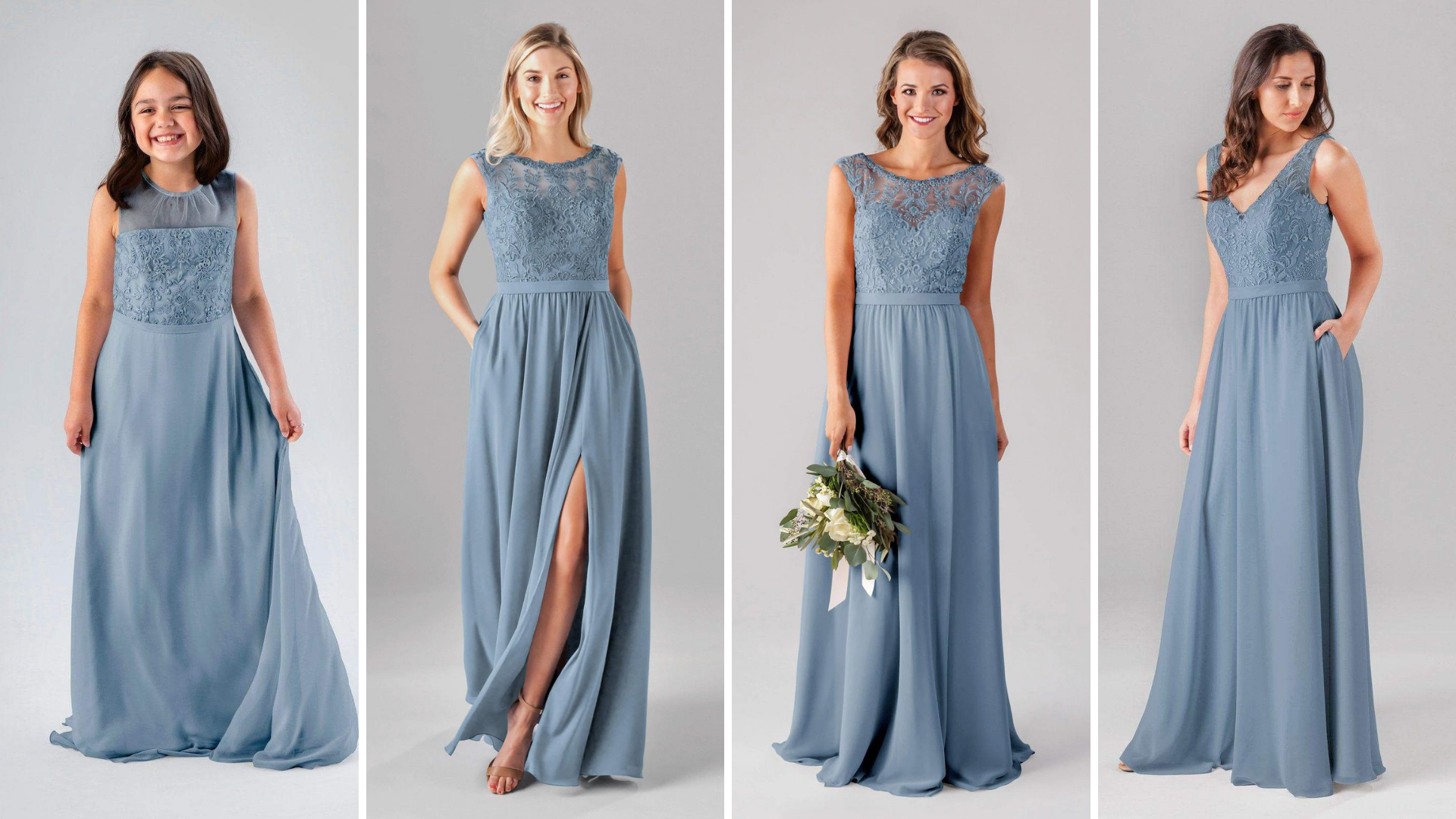 Models wearing Kennedy Blue Bridesmaid Dresses in styles "Riley", "Stassi", and "Fatima".