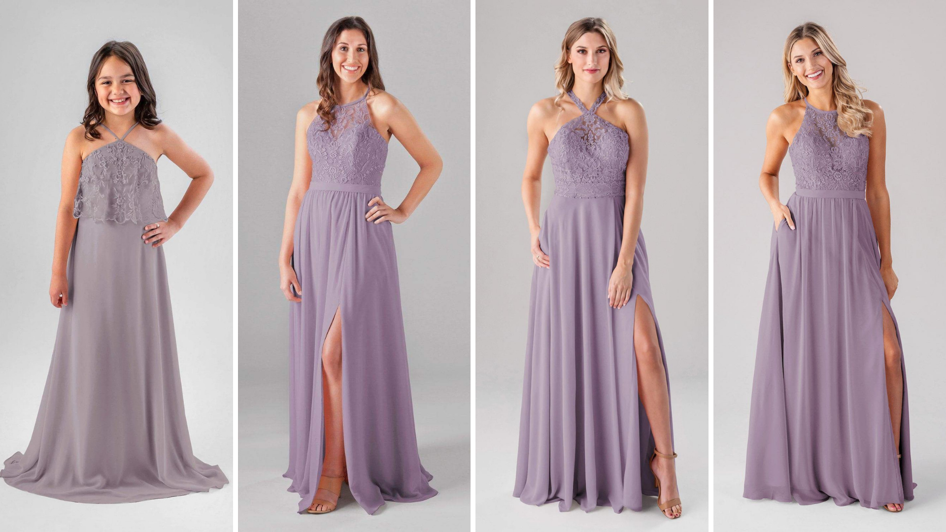 Models wearing Kennedy Blue Bridesmaid Dresses in styles "Madeline", "Clara", and "Melanie-Beaded".