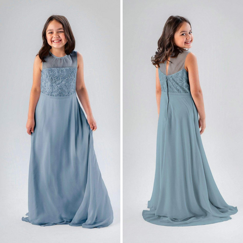 Model wearing Kennedy Blue Junior Bridesmaid Dress "Ensley".