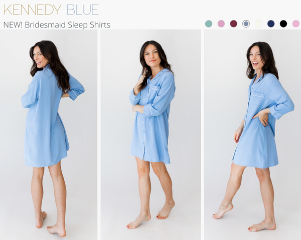 Model wearing Kennedy Blue Bridesmaid Sleep Shirt in the color 'dusty blue'.