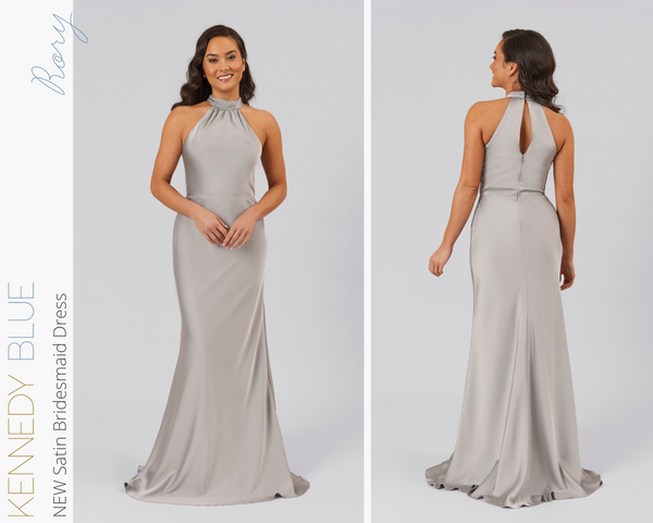 Kennedy Blue model wearing Kennedy Blue Satin Bridesmaid Dress "Rory" in 'Grey'.