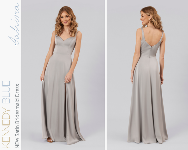 Kennedy Blue model wearing Kennedy Blue Satin Bridesmaid Dress "Sabrina" in 'Grey'.