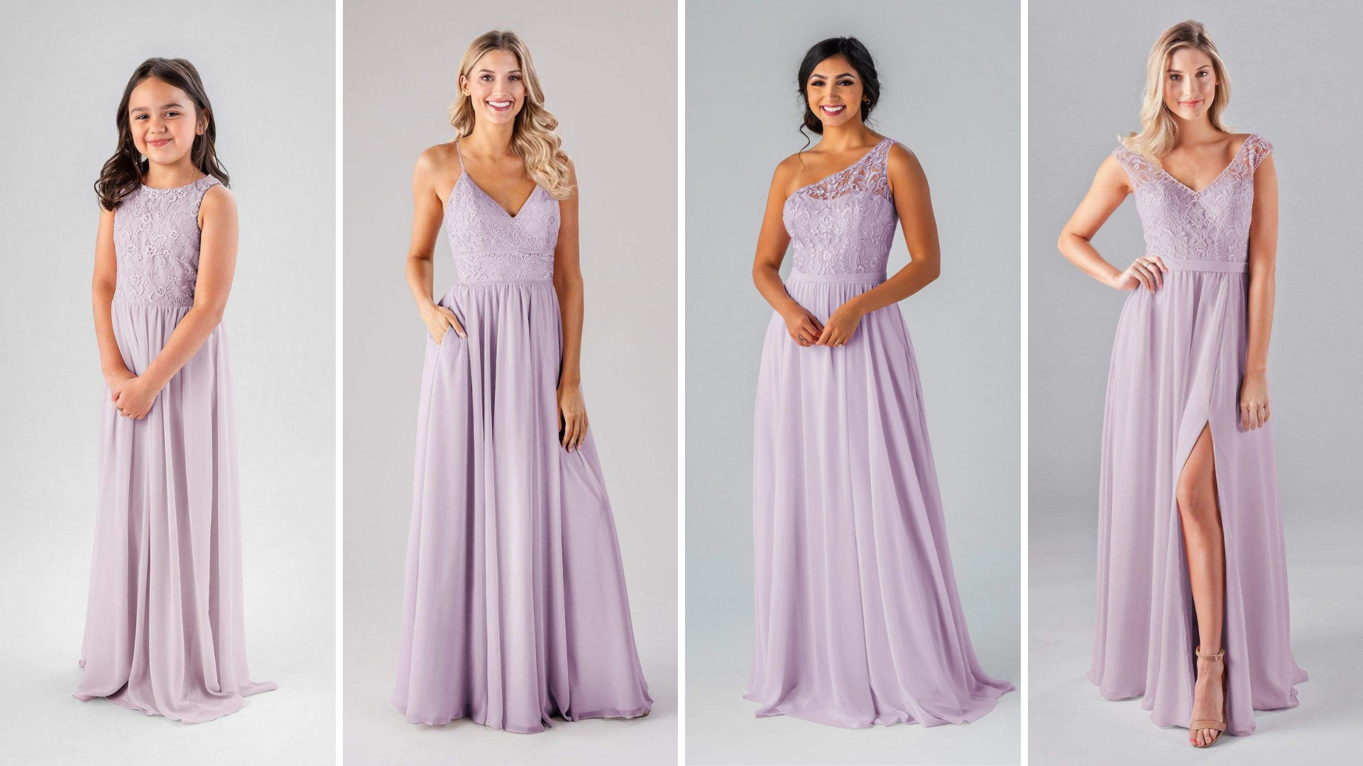 Models wearing Kennedy Blue Embroidered Bridesmaid Dresses in styles "Cameron", "Sutton", and "Morgan"