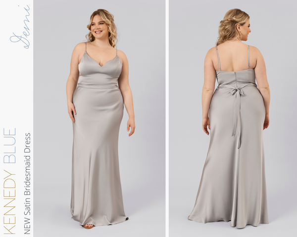 Kennedy Blue model wearing Kennedy Blue Satin Bridesmaid Dress "Demi" in 'Grey'.