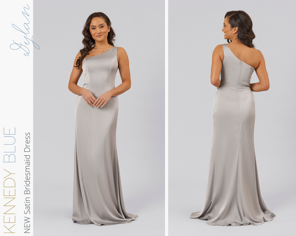 Kennedy Blue model wearing Kennedy Blue Satin Bridesmaid Dress "Dylan" in 'Grey'.