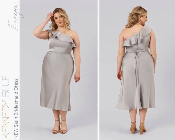 Kennedy Blue model wearing Kennedy Blue Satin Bridesmaid Dress "Freya" in 'Grey'.