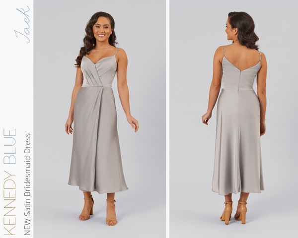 Kennedy Blue model wearing Kennedy Blue Satin Bridesmaid Dress "Jack" in 'Grey'.