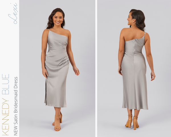 Kennedy Blue model wearing Kennedy Blue Satin Bridesmaid Dress "Lexi" in 'Grey'.