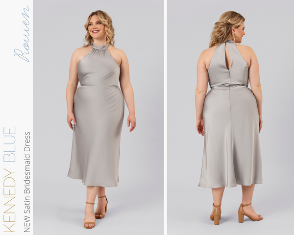 Kennedy Blue model wearing Kennedy Blue Satin Bridesmaid Dress "Rowen" in 'Grey'.