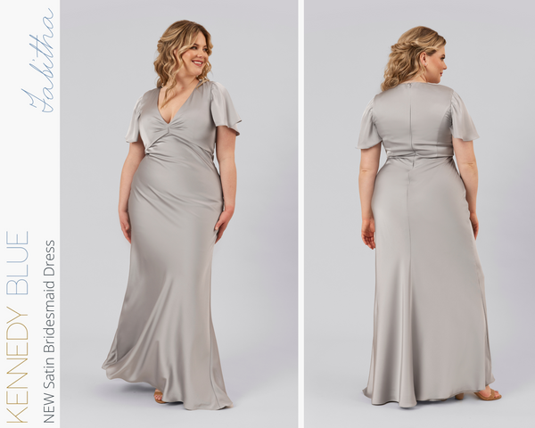 Kennedy Blue model wearing Kennedy Blue Satin Bridesmaid Dress "Tabitha" in 'Grey'.