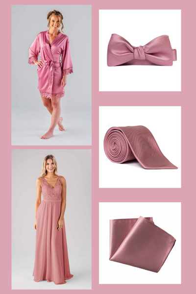 Kennedy Blue Bridesmaid Dress, Robe, and Men's Accessories including a tie, bowtie, and pocket square in shades of dusty pink.