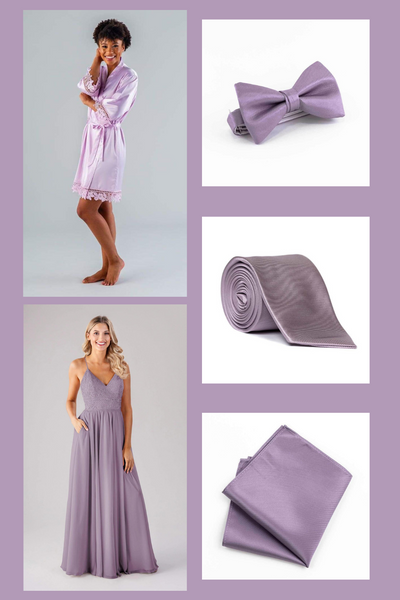 Kennedy Blue Bridesmaid Dress, Robe, and Men's Accessories including a tie, bowtie, and pocket square in shades of lilac.