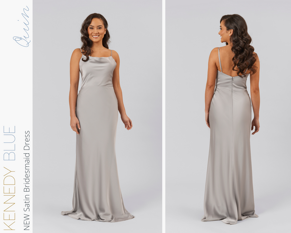 Kennedy Blue model wearing Kennedy Blue Satin Bridesmaid Dress "Quin" in 'Grey'