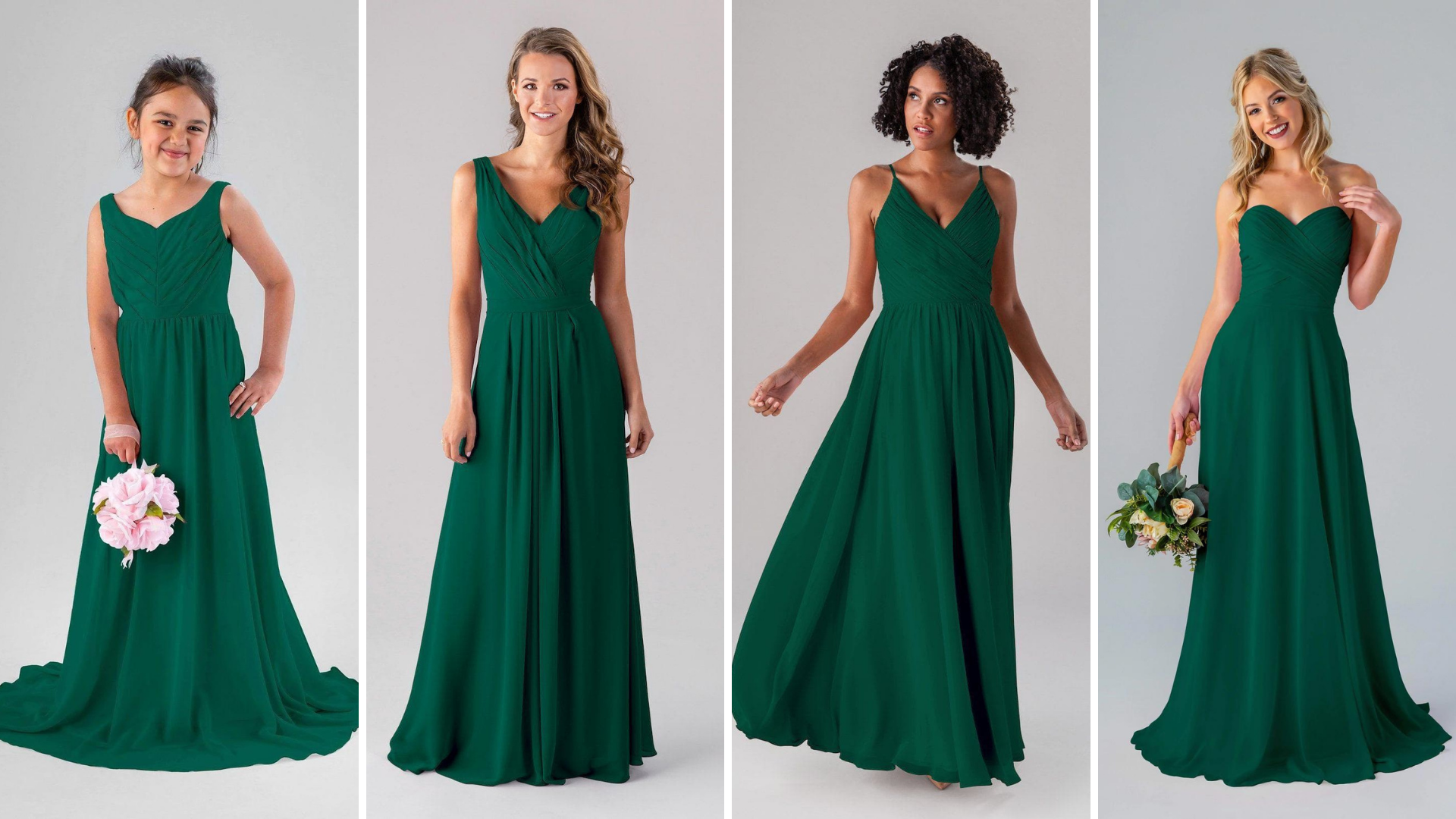 Models wearing Kennedy Blue Bridesmaid Dresses in styles "Amelia", "Alexis", and "Lisa".