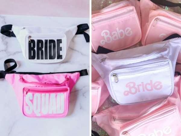 Bride and Bridesmaid Bachelorette Party fanny packs in fun colors and bold font.