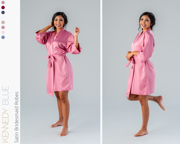 Model wearing Kennedy Blue Satin Bridesmaid robe in the color 'dusty rose'.