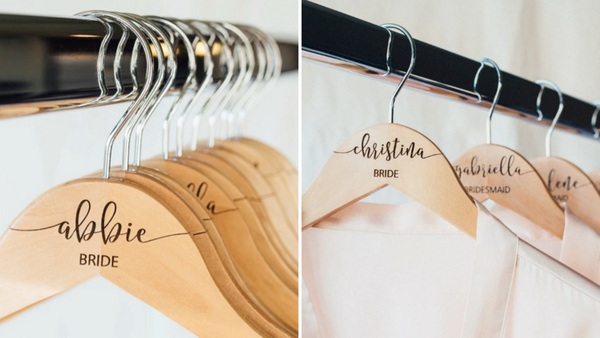 Personalized Bride and Bridesmaid hangers for wedding day dresses. 