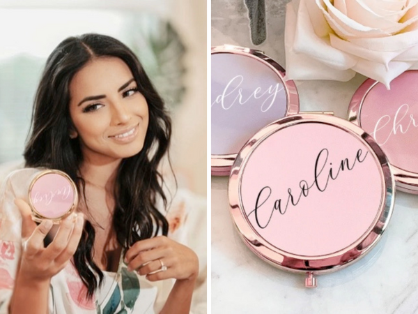 Model holding a personalized bridesmaid compact mirror.