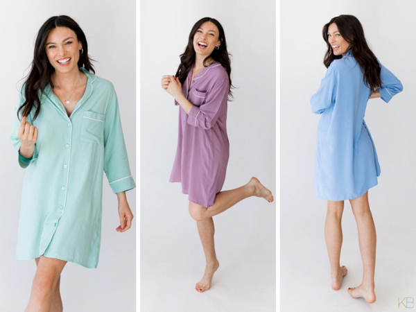 Kennedy Blue model showing three different colors of Kennedy Blue's Bridesmaid Sleep Shirts. 