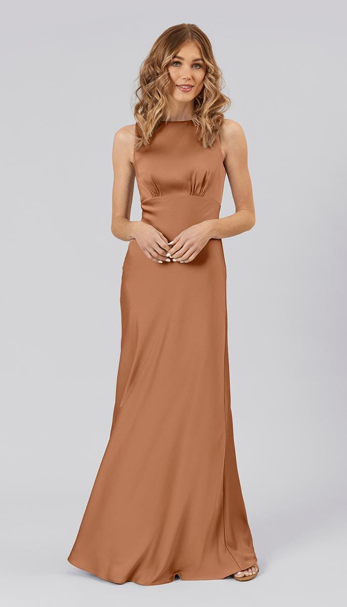 Catherine Shiny Satin Dress - Rust  Rust dress, Brown bridesmaid dresses,  Copper bridesmaid dresses