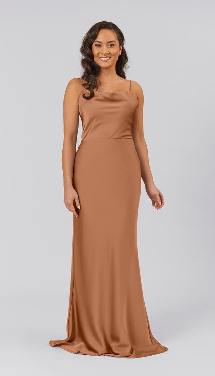 Catherine Shiny Satin Dress - Rust  Rust dress, Brown bridesmaid dresses,  Copper bridesmaid dresses