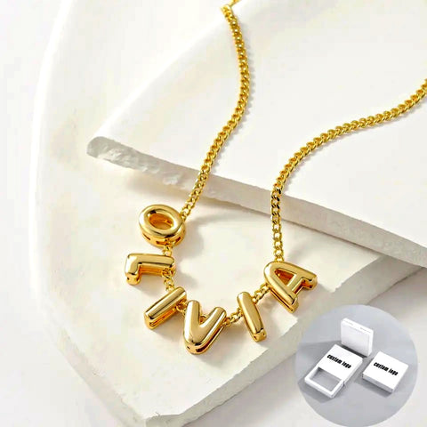 Gold 3D bubble letter necklace that spells OLIVIA, valentines gift for her