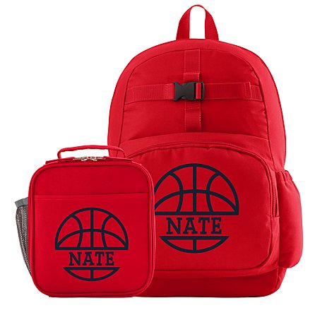 red monogrammed backpack with name nate