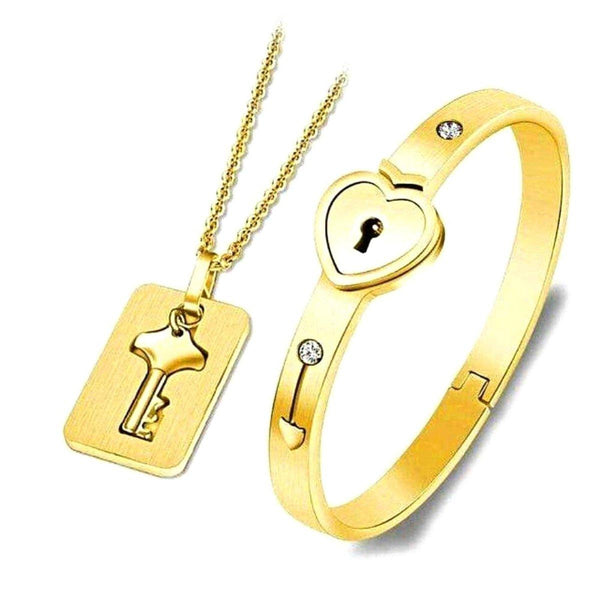 (Pure Gold Color) Stainless Steel, Jewelry Love Heart, Lock Bracelet, Key Pendant, Necklace Jewelry