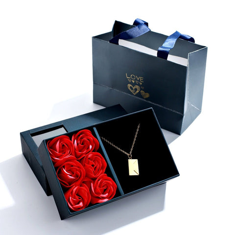 Valentines Day Gift Box With Roses and Personalized Gold Love Letter Necklace