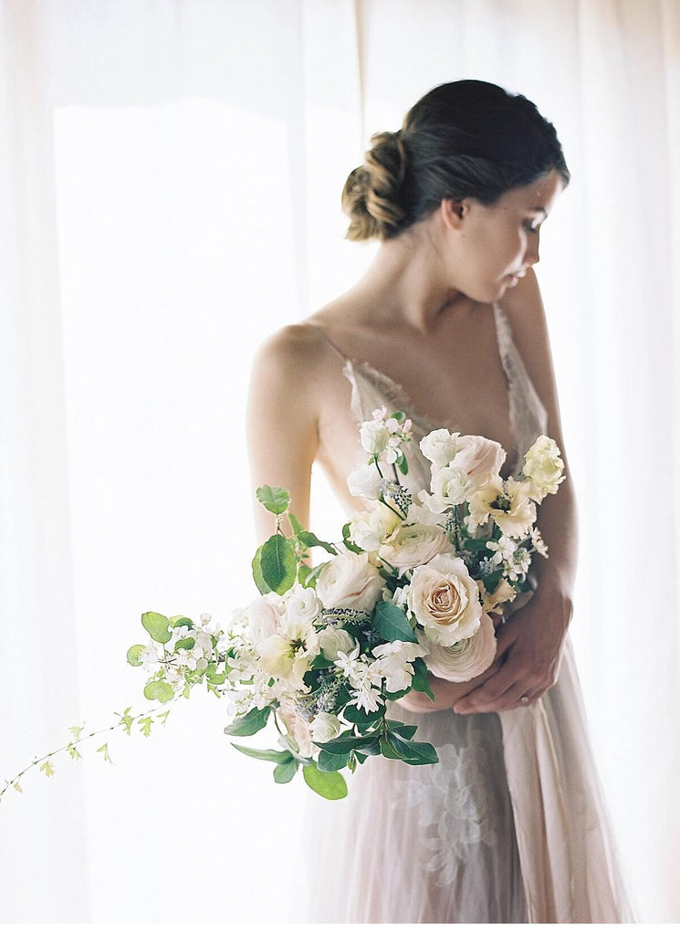 bridal bouquet with hand dyed silk ribbon