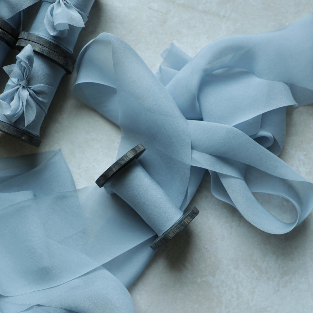 Dusty Blue Hand Dyed Silk Ribbon - KrasnovaSilk