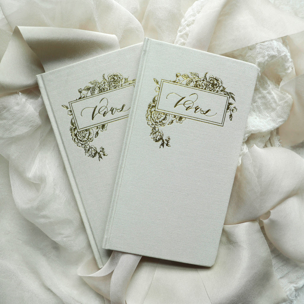 White ink PRINT on vellum covered English botanical garden Vow Book 5x7  inches, 1 book, OUR VOWS Wedding Vow Books by Ivory Invitations