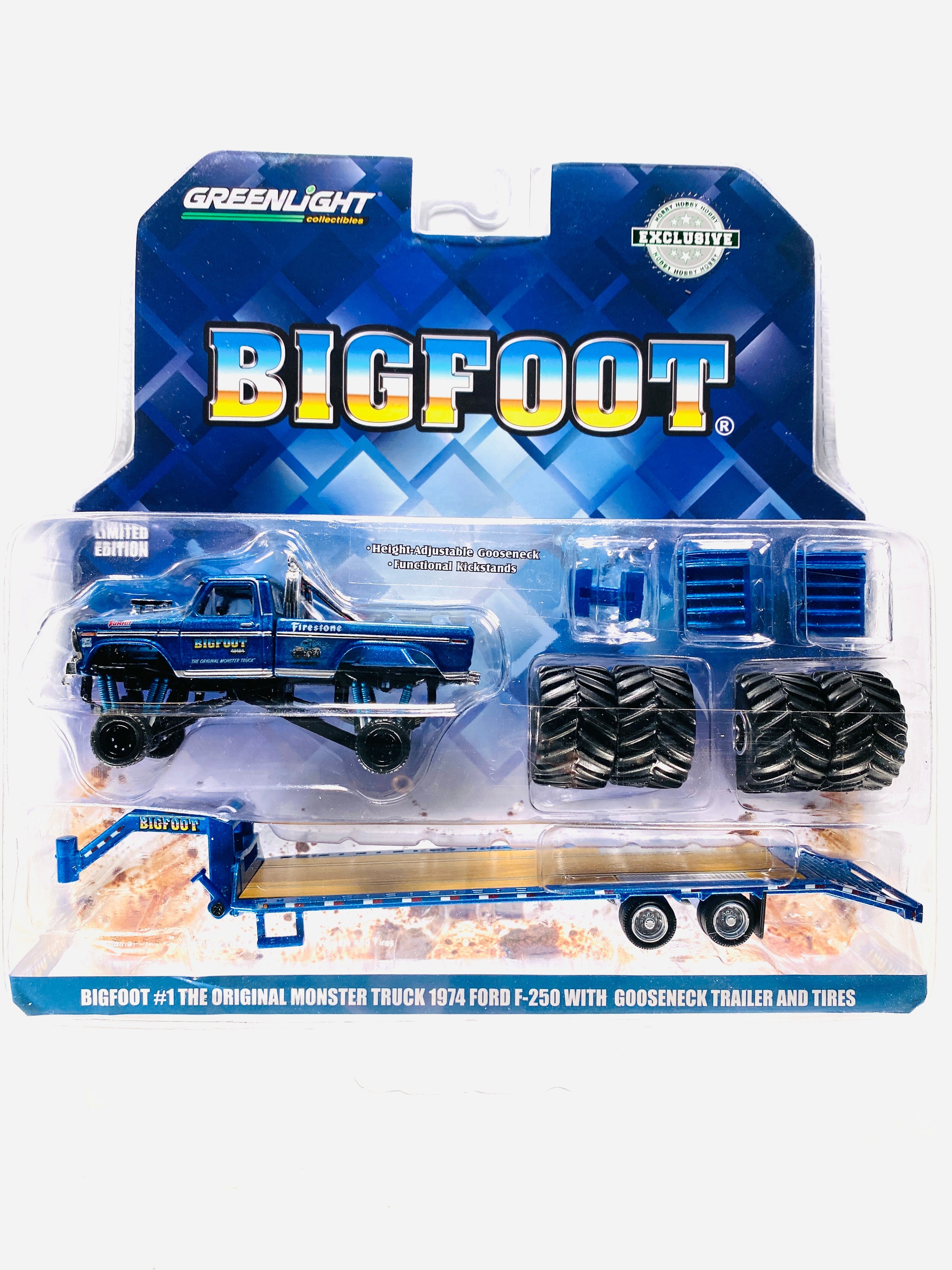 Greenlight Bigfoot #1 the Original Monster Truck 1974 Ford F250 W/ Gooseneck Trailer & Tires