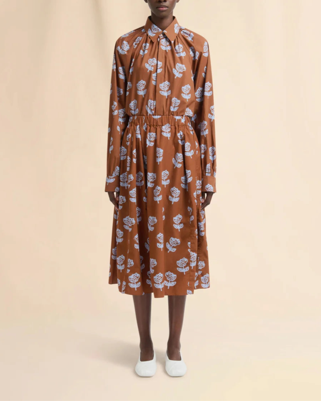 Marni Brown Poplin Egg Skirt With Sprayed Roses Print In Multi