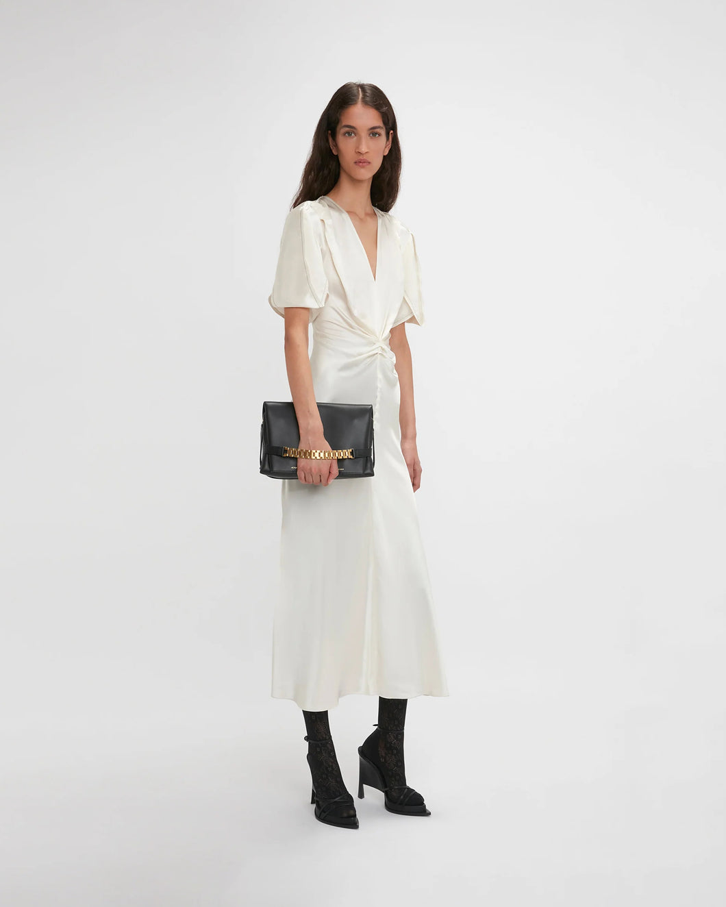 Shop Victoria Beckham Gathered V-neck Midi Dress In Ivory
