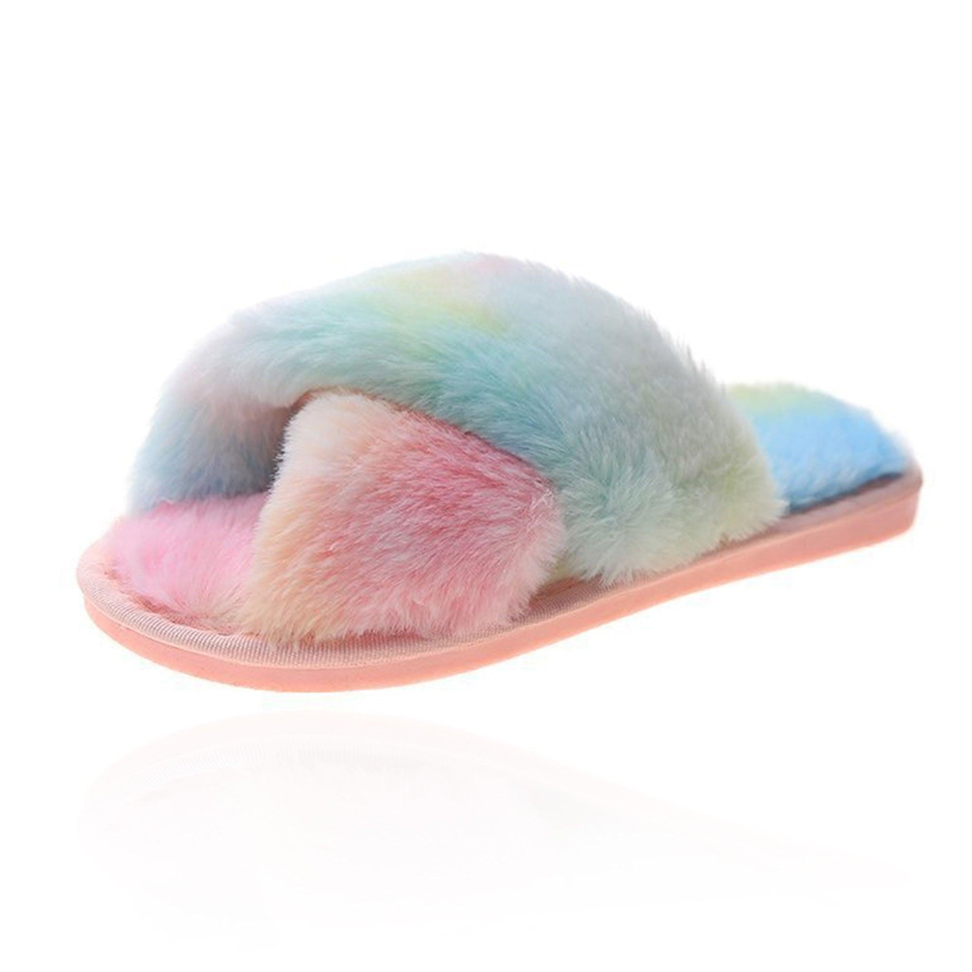 Image of Blossom Faux Fur Slippers - Pastel Rainbow