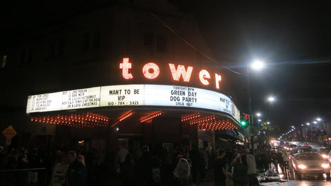 Tower Theater Marquee Lit Up at Night Featuring Green Day