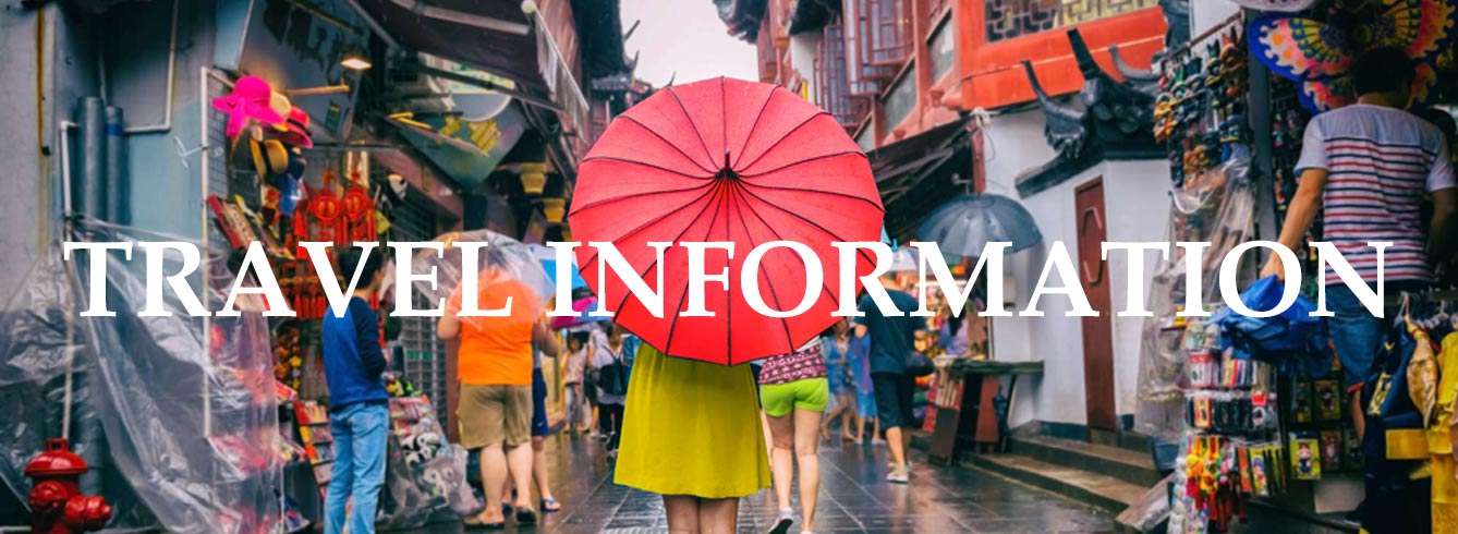 Travel info banner woman holding umbrella