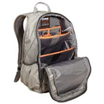 grey backpack open showing inside