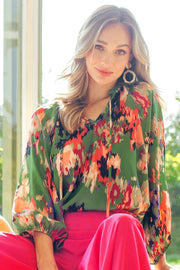 Kelly Green Printed V-Neck Tie Front Satin Blouse