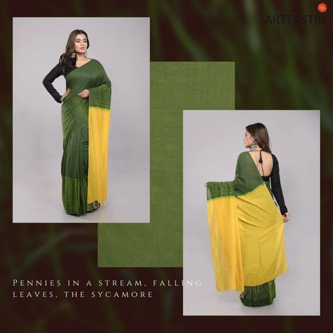 ArtEastri Green Yellow Handloom Woven Silk Cotton Shibori Saree