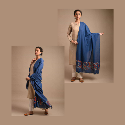 ArtEastri Blue Mulmul Cotton Jamdani Dupatta with tassels