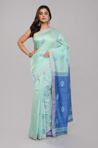 ArtEastri Green Blue Matka Silk Handloom Jamdani Saree