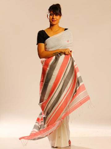 Handloom White Ruby Red Designer Saree