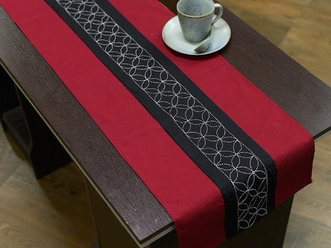 ArtEastri Maroon Black Hand Kantha Embroidered Cotton Table Runner