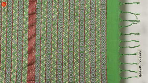 Parrot Green Handloom Khesh Kantha Stitch Cotton Saree