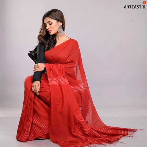 ArtEastri Rust Red Handloom Woven Shibori Cotton Saree