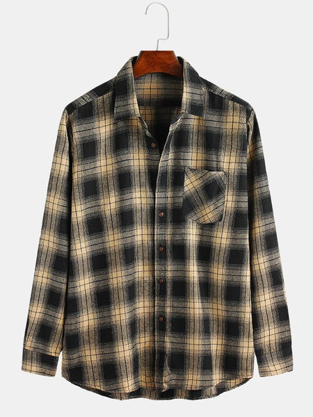 Mens British Style Plaid Chest Pockets Casual Turn Down Collar Long Sl ...