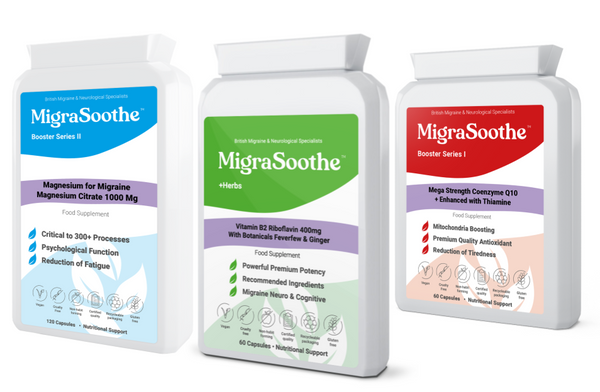 Migrasoothe triple pack range not only contains riboflavin 400 mg recommended by the NHS but also ccoq10  and magnesium