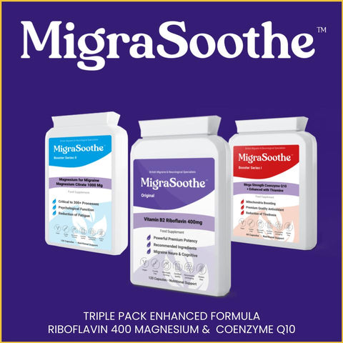 A promotional image featuring three products from the 'MigraSoothe' line against a purple background. From left to right: 'MigraSoothe Booster Series II' with text indicating it contains 'Magnesium for Migraine, Magnesium Citrate 1000 Mg', 'MigraSoothe Original' highlighting 'Vitamin B2 Riboflavin 400mg', and 'MigraSoothe Booster Series I' emphasizing 'Mega Strength Coenzyme Q10 Enhanced with Thiamine'. Each product packaging lists various benefits such as 'Critical to 300+ Processes', 'Mitochondria Boosting', and 'Powerful Premium Potency'. Below the products, bold text reads 'TRIPLE PACK ENHANCED FORMULA RIBOFLAVIN 400 MAGNESIUM & COENZYME Q10